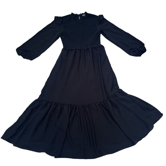 Nanette Lepore Smocked Ruffled Long Sleeve Tiered Maxi Dress Black Size 4 Flowy - Picture 1 of 16